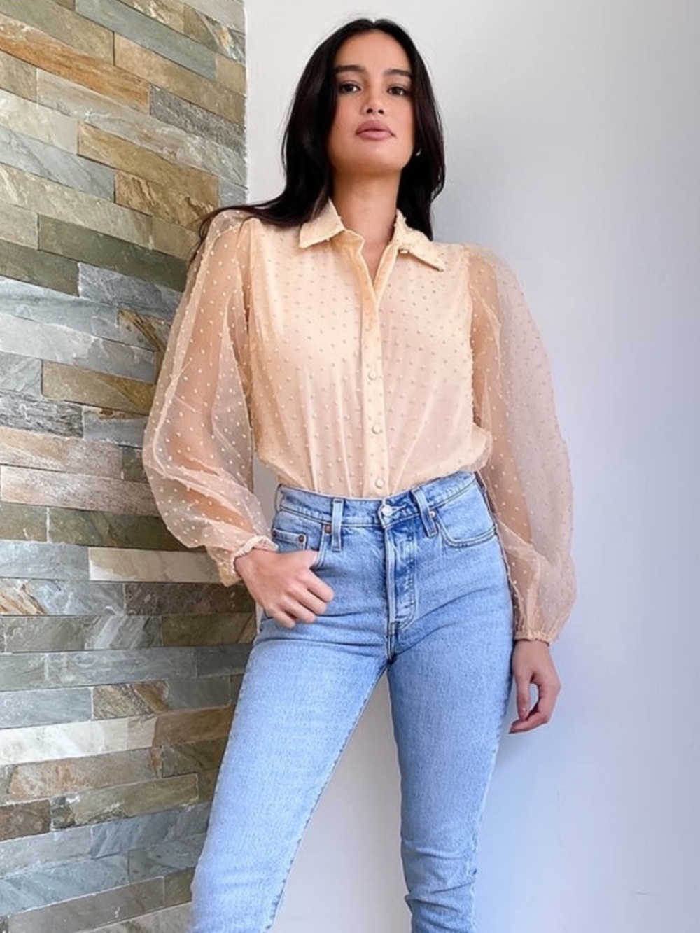 New! Lulu's Always Punctual Sheer Swiss Dot Puff-Sleeve Button Down Blouse XS